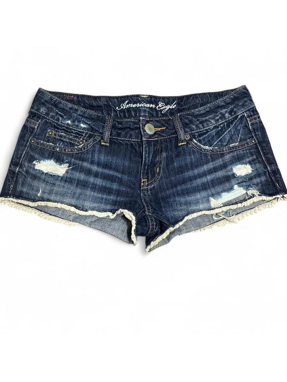 American Eagle Y2K Low Rise Distressed Denim Shorts with lace detail Size 4 Dark